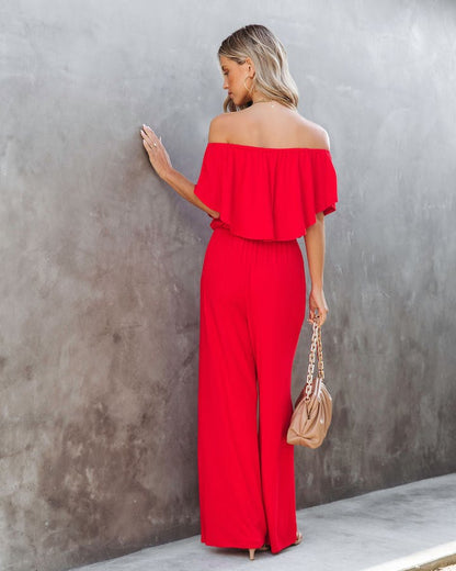 Jumpsuits- Solid Off-Shoulder Wide-Leg Elastic-Waist Jumpsuit- - IndioGear Fashion and Gear