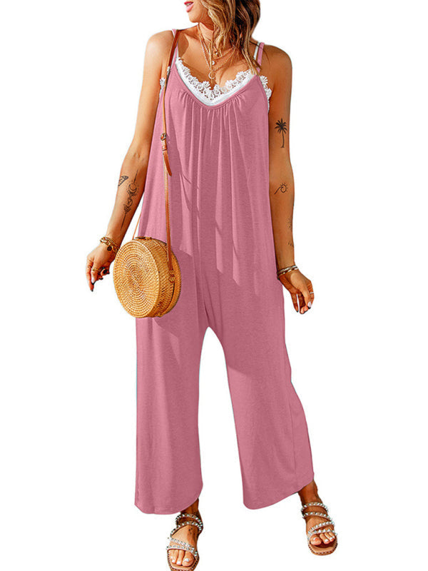 Jumpsuits- Solid Oversized Jumpsuit with Pockets – Essential Cami Playsuit- Pink- IndioGear Fashion and Gear