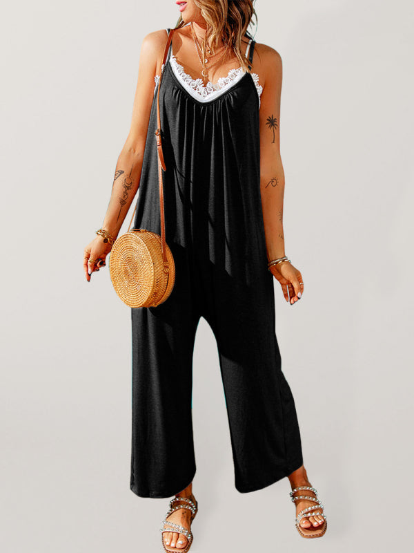 Jumpsuits- Solid Oversized Jumpsuit with Pockets – Essential Cami Playsuit- Black- IndioGear Fashion and Gear