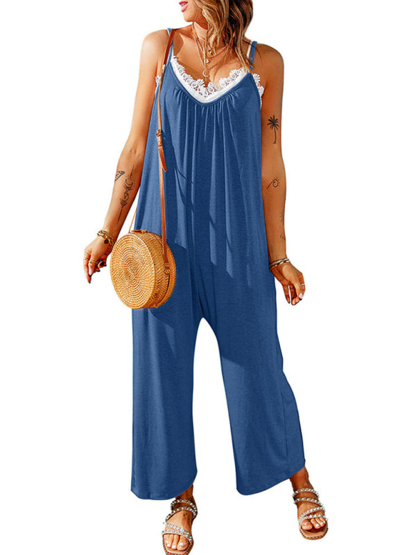 Jumpsuits- Solid Oversized Jumpsuit with Pockets – Essential Cami Playsuit- Cobalt blue- IndioGear Fashion and Gear