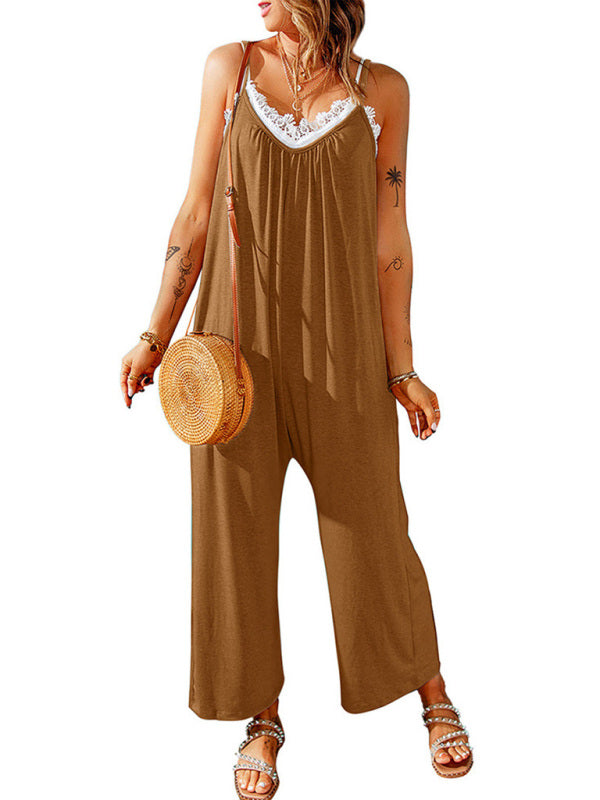 Jumpsuits- Solid Oversized Jumpsuit with Pockets – Essential Cami Playsuit- Brown- IndioGear Fashion and Gear