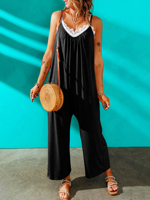 Jumpsuits- Solid Oversized Jumpsuit with Pockets – Essential Cami Playsuit- - IndioGear Fashion and Gear