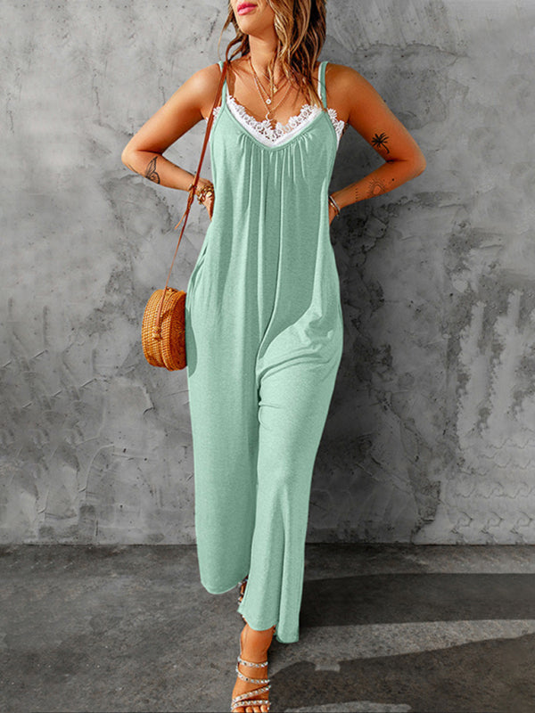 Jumpsuits- Solid Oversized Jumpsuit with Pockets – Essential Cami Playsuit- Pale green- IndioGear Fashion and Gear