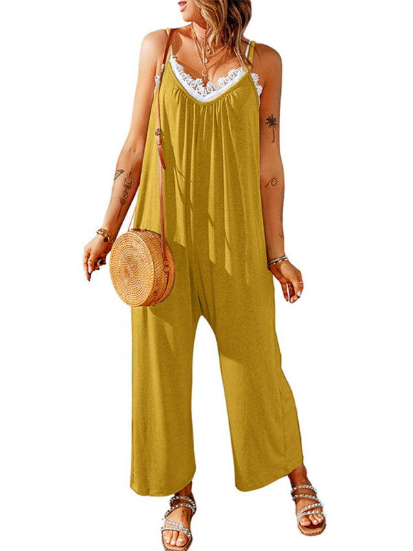 Jumpsuits- Solid Oversized Jumpsuit with Pockets – Essential Cami Playsuit- Yellow- IndioGear Fashion and Gear