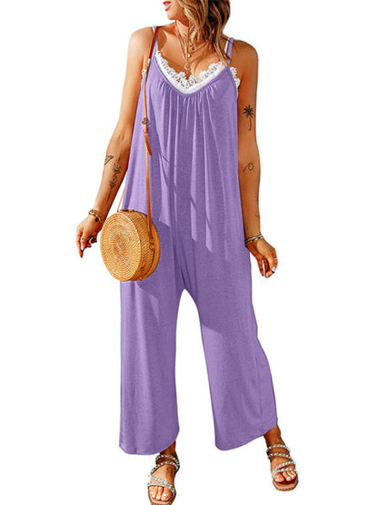 Jumpsuits- Solid Oversized Jumpsuit with Pockets – Essential Cami Playsuit- Purple- IndioGear Fashion and Gear