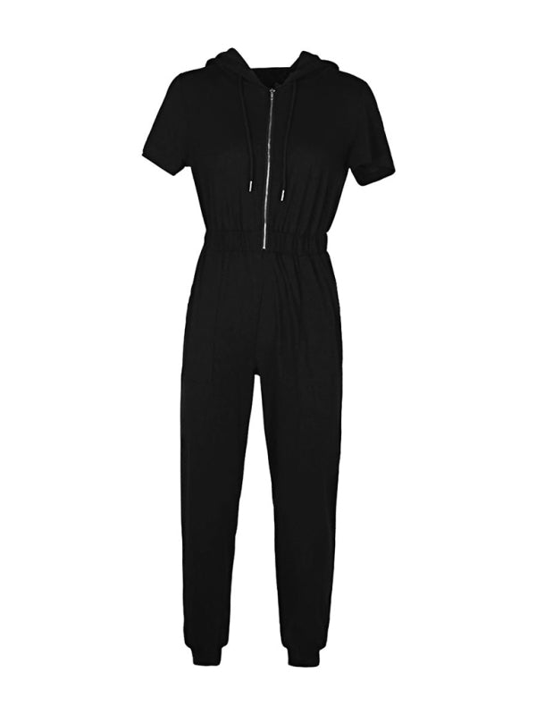 Jumpsuits- Splid Short-Sleeve Zip-Up Jumpsuit - Smocked Waist Pantsuit- - IndioGear Clothing and Gear