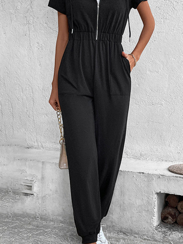 Jumpsuits- Splid Short-Sleeve Zip-Up Jumpsuit - Smocked Waist Pantsuit- - IndioGear Clothing and Gear