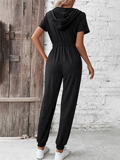 Jumpsuits- Splid Short-Sleeve Zip-Up Jumpsuit - Smocked Waist Pantsuit- - IndioGear Clothing and Gear