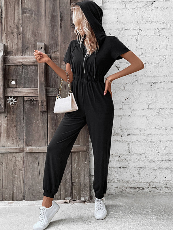 Jumpsuits- Splid Short-Sleeve Zip-Up Jumpsuit - Smocked Waist Pantsuit- - IndioGear Clothing and Gear