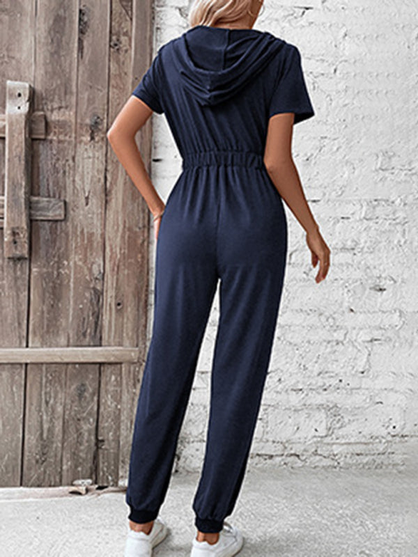 Jumpsuits- Splid Short-Sleeve Zip-Up Jumpsuit - Smocked Waist Pantsuit- - IndioGear Clothing and Gear