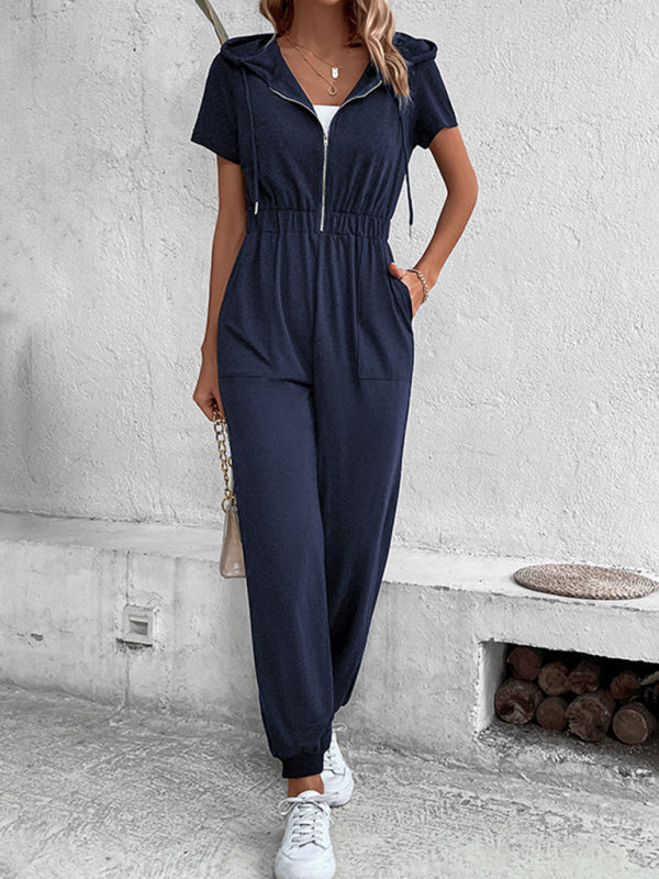 Jumpsuits- Splid Short-Sleeve Zip-Up Jumpsuit - Smocked Waist Pantsuit- - IndioGear Clothing and Gear