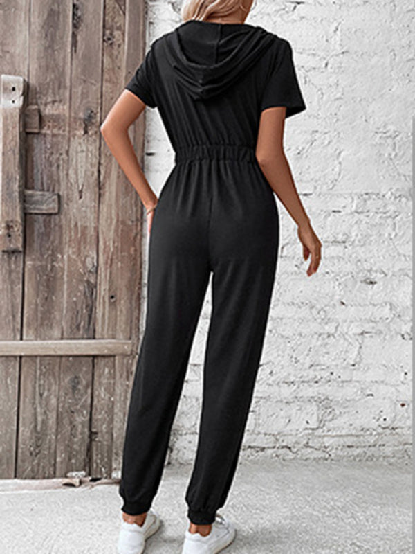 Jumpsuits- Splid Short-Sleeve Zip-Up Jumpsuit - Smocked Waist Pantsuit- - IndioGear Clothing and Gear