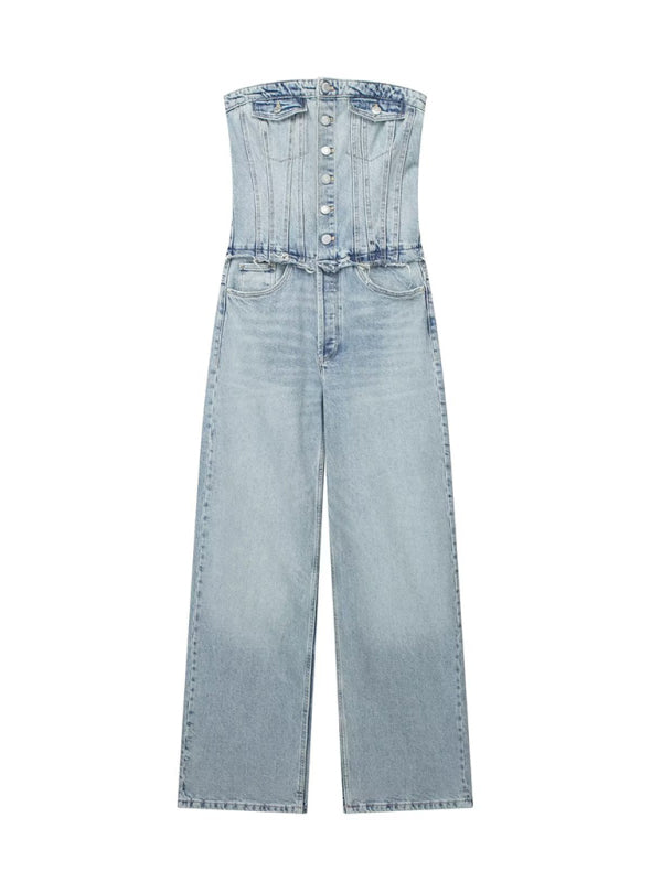 Jumpsuits- Strapless Cotton Denim Playsuit - Tube Jumpsuit- - IndioGear Clothing and Gear