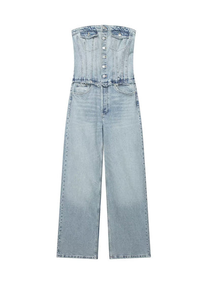 Jumpsuits- Strapless Cotton Denim Playsuit - Tube Jumpsuit- - IndioGear Clothing and Gear