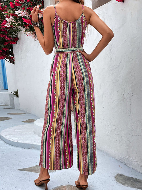 Jumpsuits- Summer Boho Print Belted Cami Jumpsuit - Full-Length Wide-Leg Playsuit- - IndioGear Fashion and Gear