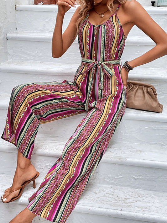 Jumpsuits- Summer Boho Print Belted Cami Jumpsuit - Full-Length Wide-Leg Playsuit- Purple- IndioGear Fashion and Gear