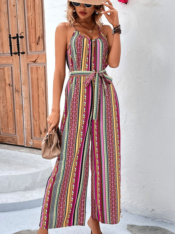 Jumpsuits- Summer Boho Print Belted Cami Jumpsuit - Full-Length Wide-Leg Playsuit- - IndioGear Fashion and Gear