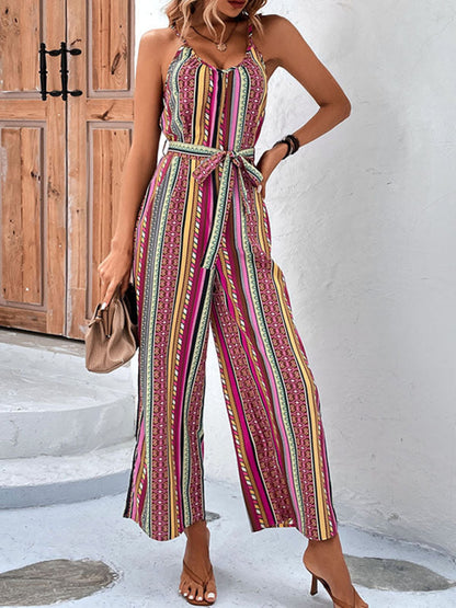 Jumpsuits- Summer Boho Print Belted Cami Jumpsuit - Full-Length Wide-Leg Playsuit- - IndioGear Fashion and Gear