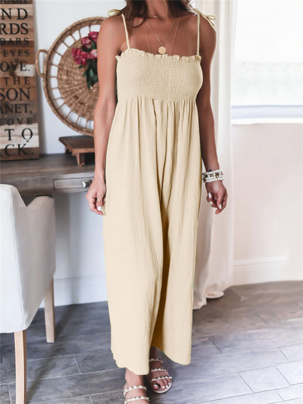 Jumpsuits- Summer Cotton Textured Wide-Leg Cami Jumpsuit - Smocked Bodice Playsuit- - IndioGear Fashion and Gear