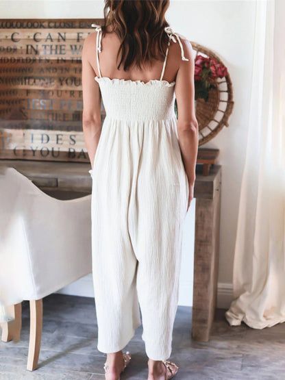 Jumpsuits- Summer Cotton Textured Wide-Leg Cami Jumpsuit - Smocked Bodice Playsuit- - IndioGear Fashion and Gear