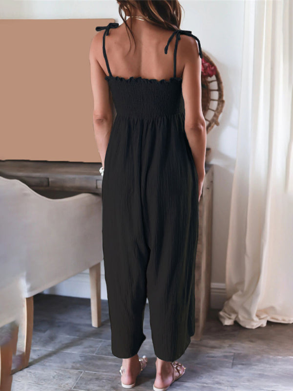 Jumpsuits- Summer Cotton Textured Wide-Leg Cami Jumpsuit - Smocked Bodice Playsuit- - IndioGear Fashion and Gear