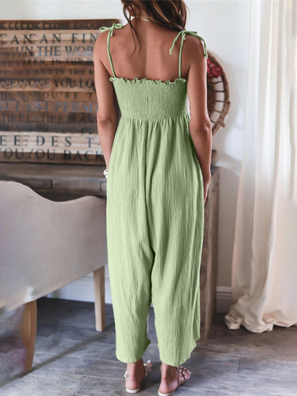 Jumpsuits- Summer Cotton Textured Wide-Leg Cami Jumpsuit - Smocked Bodice Playsuit- - IndioGear Fashion and Gear