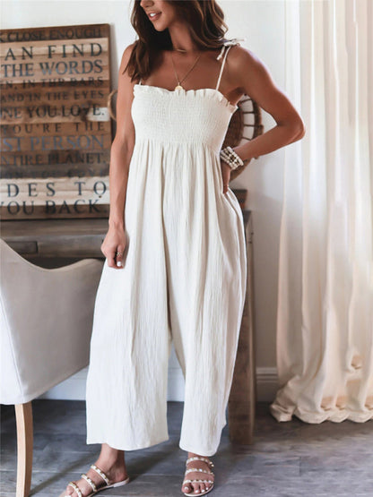 Jumpsuits- Summer Cotton Textured Wide-Leg Cami Jumpsuit - Smocked Bodice Playsuit- - IndioGear Fashion and Gear