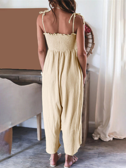 Jumpsuits- Summer Cotton Textured Wide-Leg Cami Jumpsuit - Smocked Bodice Playsuit- - IndioGear Fashion and Gear