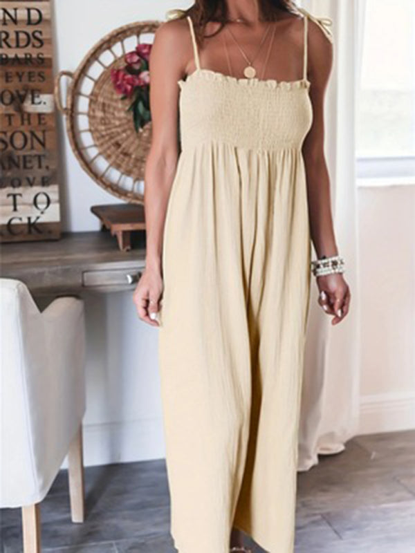 Jumpsuits- Summer Cotton Textured Wide-Leg Cami Jumpsuit - Smocked Bodice Playsuit- Cracker khaki- IndioGear Fashion and Gear