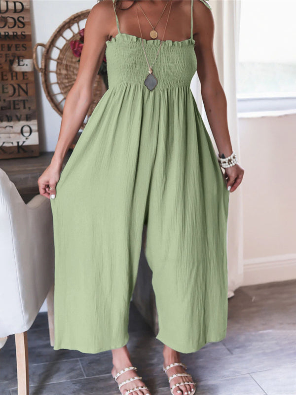 Jumpsuits- Summer Cotton Textured Wide-Leg Cami Jumpsuit - Smocked Bodice Playsuit- - IndioGear Fashion and Gear