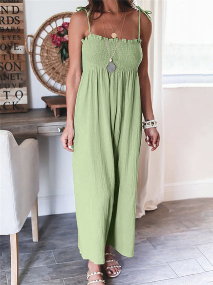 Jumpsuits- Summer Cotton Textured Wide-Leg Cami Jumpsuit - Smocked Bodice Playsuit- Green- IndioGear Fashion and Gear