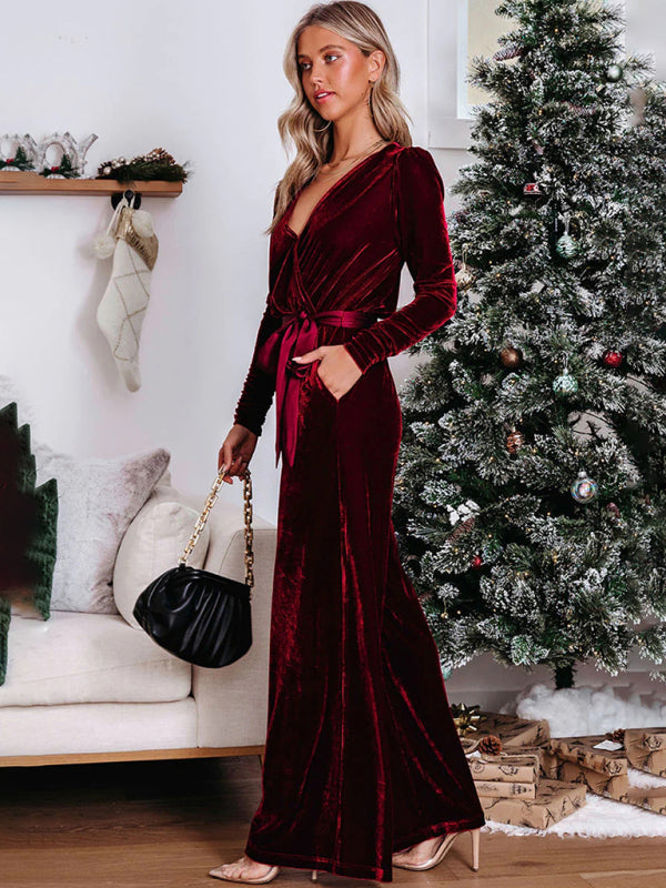 Jumpsuits-Velvet Surplice V-Neck Jumpsuit - Velout Belt-Tie Pantsuit-Pekosa Women Clothing