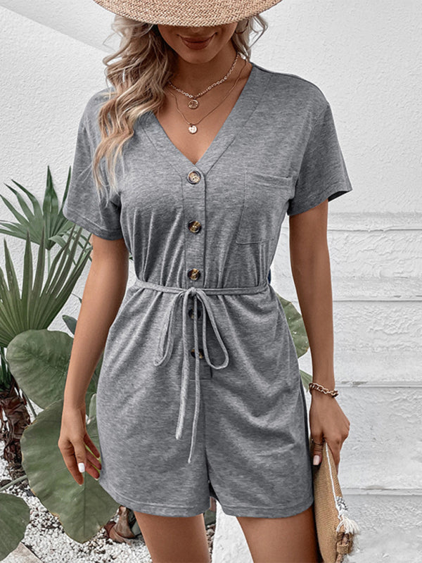 Jumpsuits- Versatile Women's Romper: Button Front, Straight Legs - Jumpsuit- - IndioGear Fashion and Gear