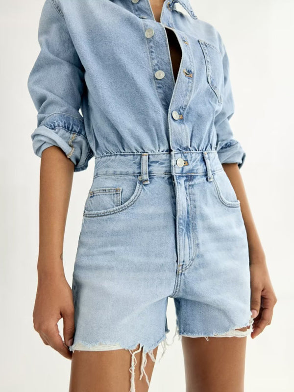 Jumpsuits-Washed Denim Romper - Collared Button-Up Jumpsuit with Long Sleeves-Pekosa Women Clothing