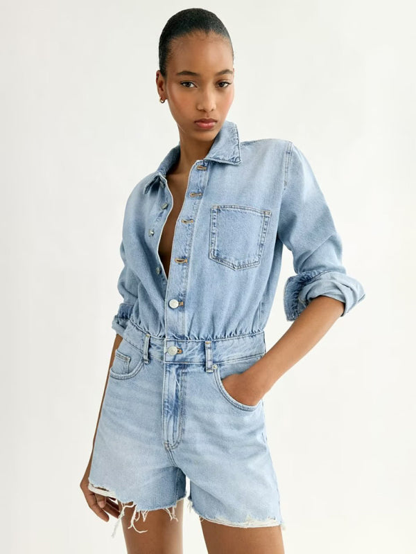 Jumpsuits-Washed Denim Romper - Collared Button-Up Jumpsuit with Long Sleeves-Pekosa Women Clothing