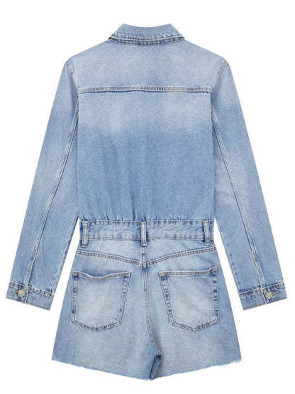 Jumpsuits-Washed Denim Romper - Collared Button-Up Jumpsuit with Long Sleeves-Pekosa Women Clothing