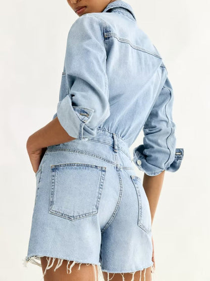 Jumpsuits-Washed Denim Romper - Collared Button-Up Jumpsuit with Long Sleeves-Pekosa Women Clothing