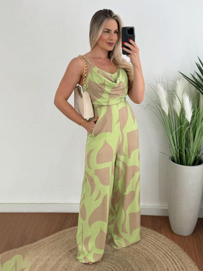 Jumpsuits- Women's Cowl Neck Jumpsuit - Full-Length Cami Playsuit with Smocked Back- GreenYellow- IndioGear Fashion and Gear