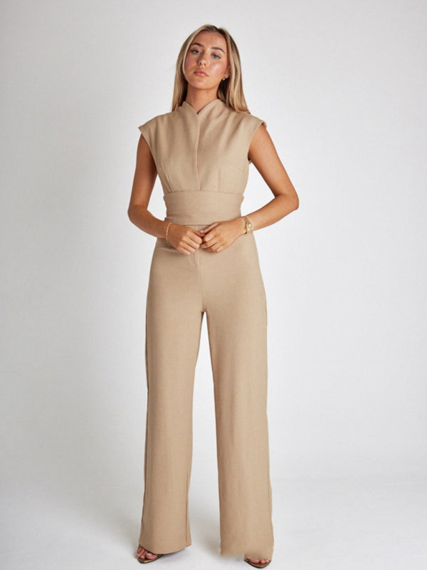 Jumpsuits-Wrap Belt Tie Jumpsuit | Stand Collar Wide-Leg Playsuit-Pekosa Women Clothing