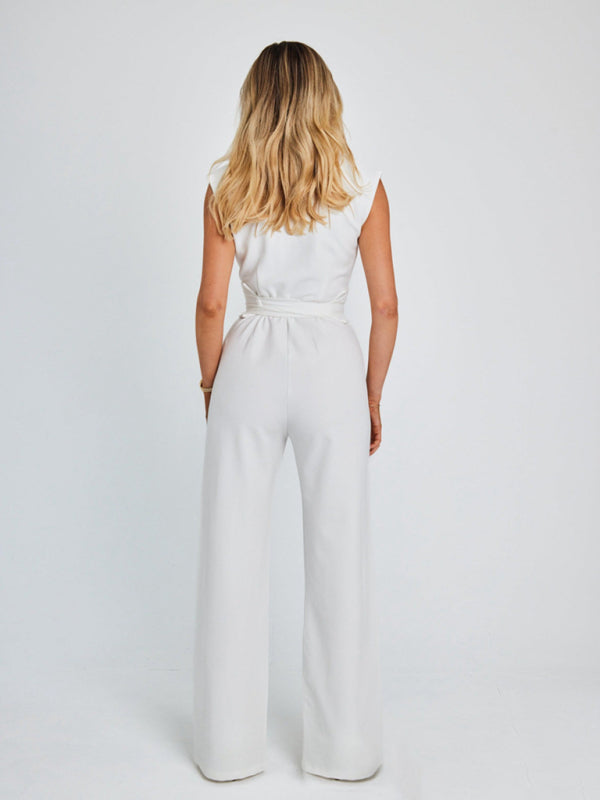 Jumpsuits-Wrap Belt Tie Jumpsuit | Stand Collar Wide-Leg Playsuit-Pekosa Women Clothing