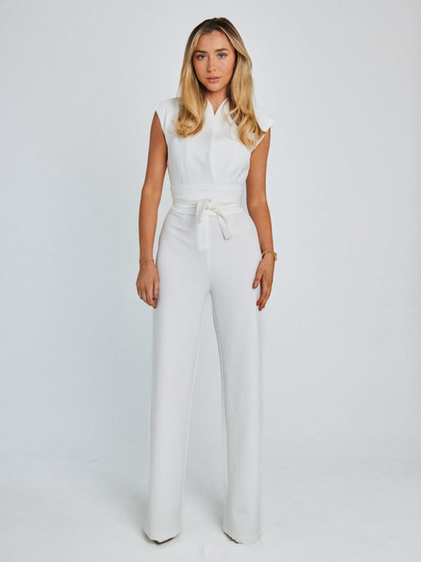 Jumpsuits-Wrap Belt Tie Jumpsuit | Stand Collar Wide-Leg Playsuit-Pekosa Women Clothing