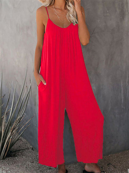 Jumpsutis- Loose Full-Length Cami Playsuit - Solid Oversized Jumpsuit- Red- IndioGear Fashion and Gear