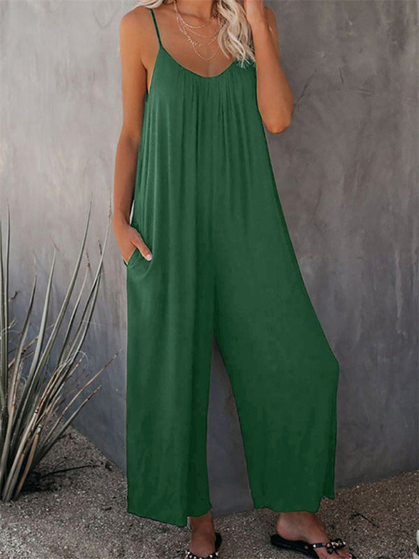 Jumpsutis- Loose Full-Length Cami Playsuit - Solid Oversized Jumpsuit- Green- IndioGear Fashion and Gear