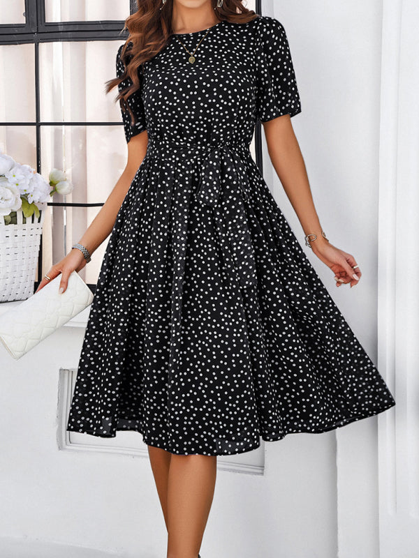 Knee-Length Dresses- Dressy Polka Dot A-Line Belted Tea Dress- - IndioGear Fashion and Gear