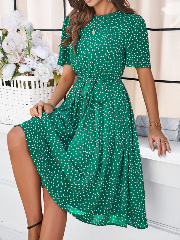 Knee-Length Dresses- Dressy Polka Dot A-Line Belted Tea Dress- - IndioGear Fashion and Gear