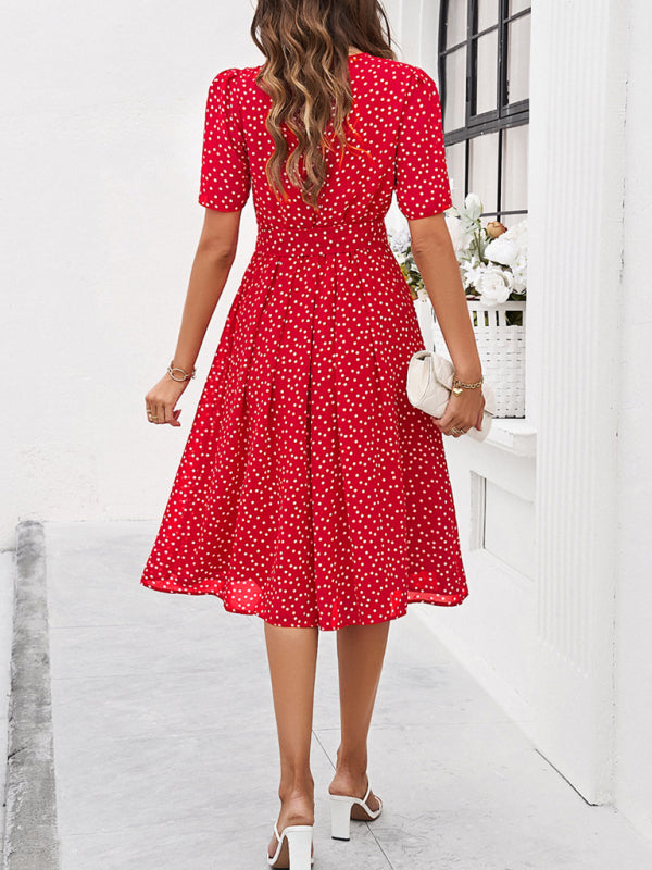 Knee-Length Dresses- Dressy Polka Dot A-Line Belted Tea Dress- - IndioGear Fashion and Gear