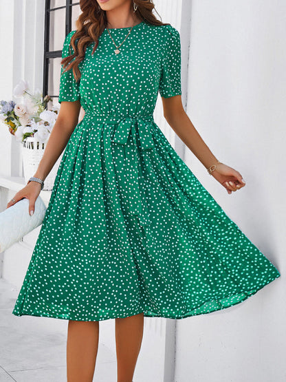 Knee-Length Dresses- Dressy Polka Dot A-Line Belted Tea Dress- - IndioGear Fashion and Gear