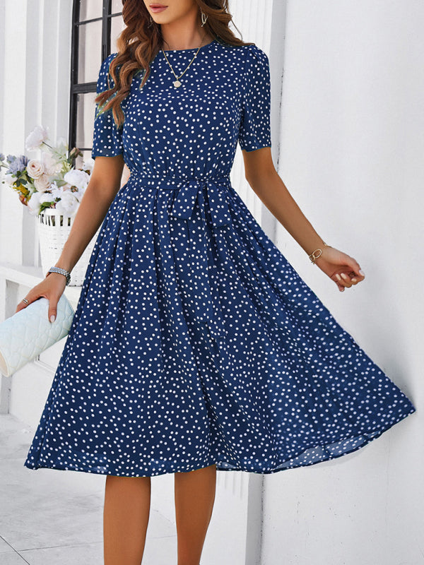 Knee-Length Dresses- Dressy Polka Dot A-Line Belted Tea Dress- - IndioGear Fashion and Gear