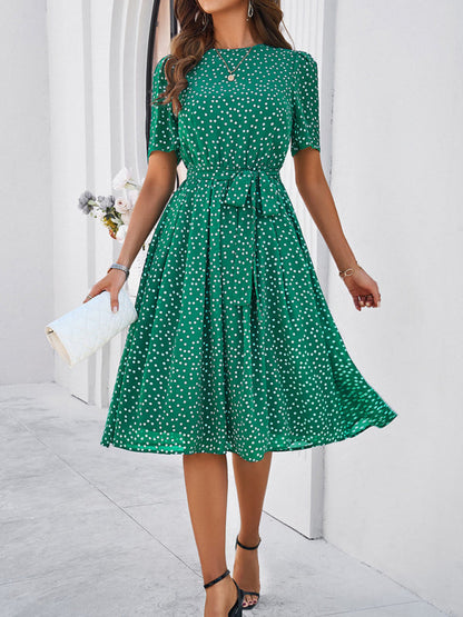 Knee-Length Dresses- Dressy Polka Dot A-Line Belted Tea Dress- - IndioGear Fashion and Gear