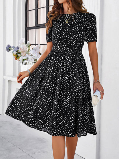 Knee-Length Dresses- Dressy Polka Dot A-Line Belted Tea Dress- - IndioGear Fashion and Gear